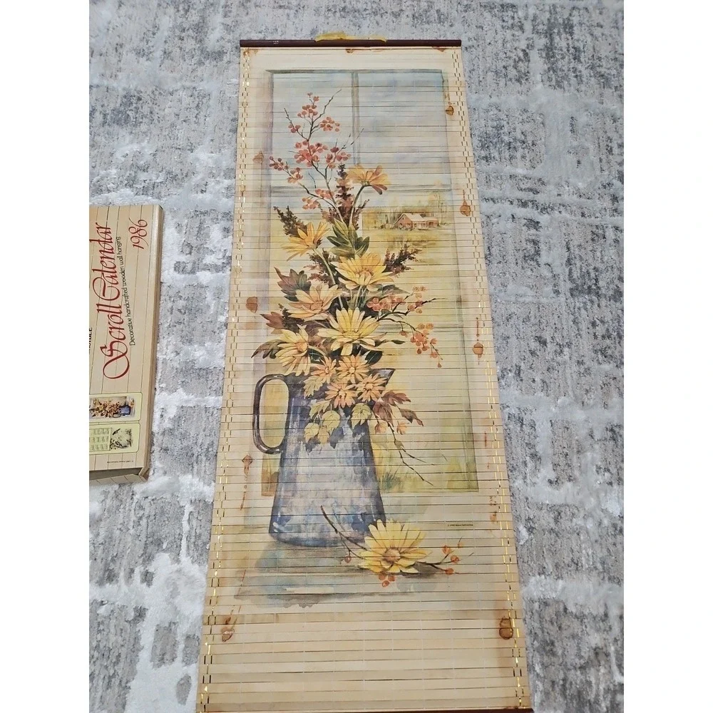 Vintage‎ 1986 Wooden Scroll Calendar Cane Wall Hanging Floral Scene Birds